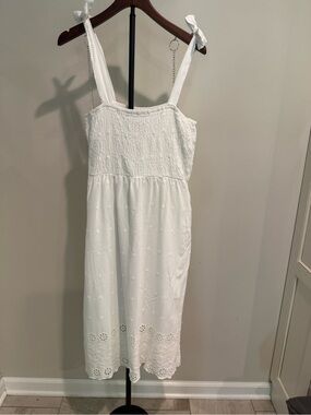 White Eyelet Tie-Shoulder Midi Summer Dress Size XL Poolside Euro Tropical Beach